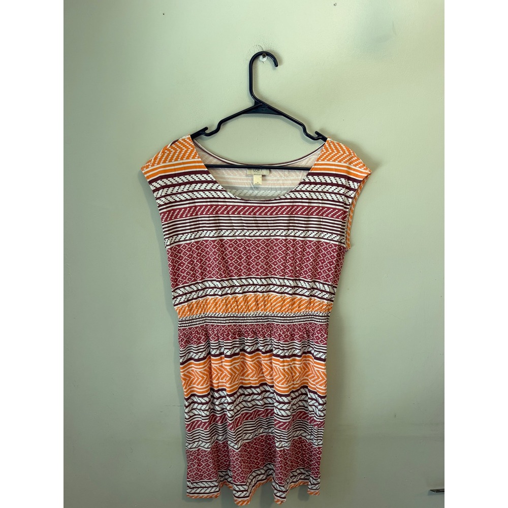 Loft Women Orange Burgundy Geometric Stripe Smocked Waist Cap Sleeve Dress M